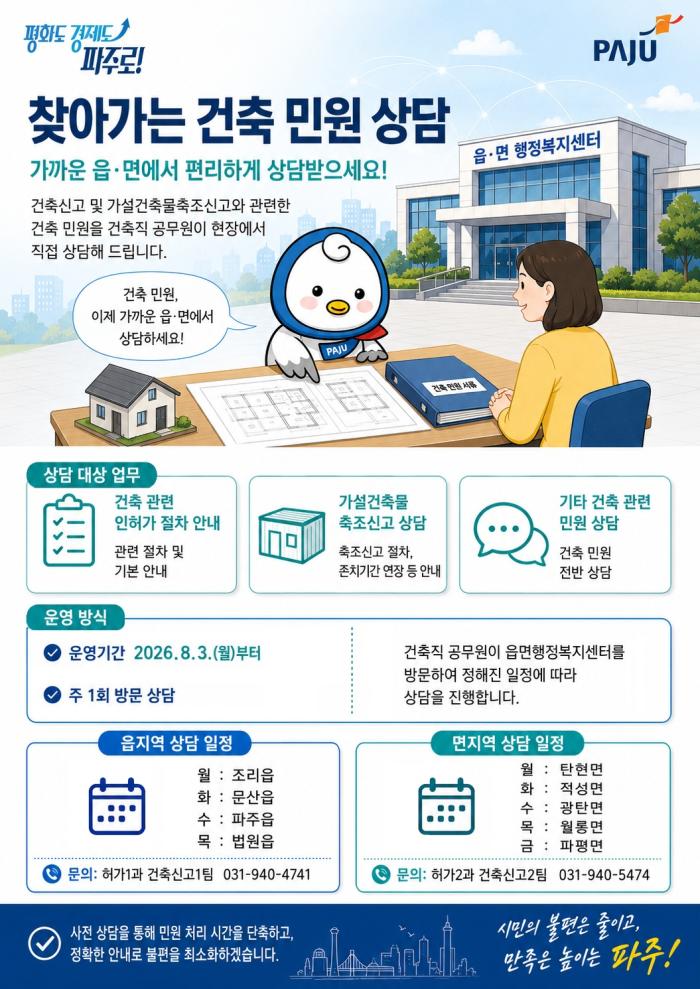 파주시, 8월부터 읍면으로 ‘찾아가는 건축신고 민원 서비스’ 시행